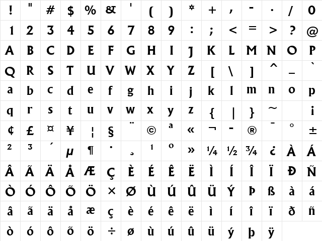 Flareserif821 Lt BT Bold  glyph index