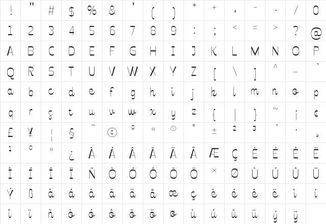 Celestine ExtraLight  glyph index