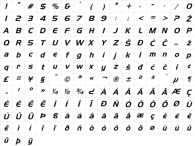 SLO_Handel_Gothic Italic  glyph index