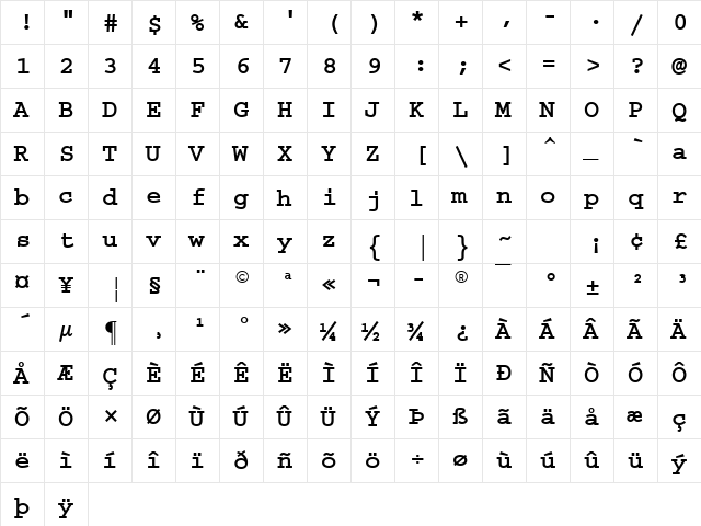 Courier (W1) Bold  glyph index