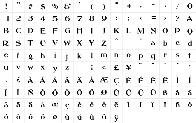 AbottOldStyle DB Regular  glyph index