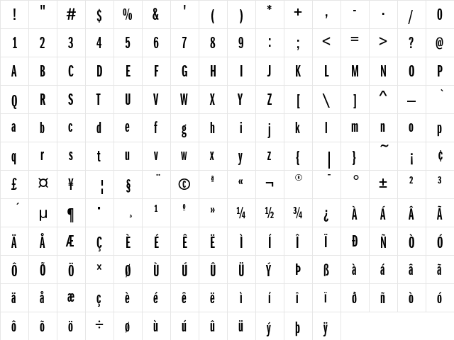FranklinGothicEF DemiXComp  glyph index
