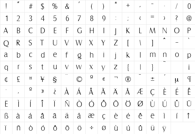 Salzburg-Serial-ExtraLight Regular  glyph index