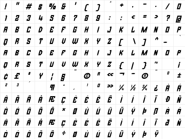 Bristle Creek Italic Regular  glyph index