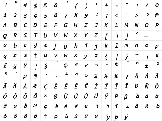 TheSansMono SemiBold Italic  glyph index