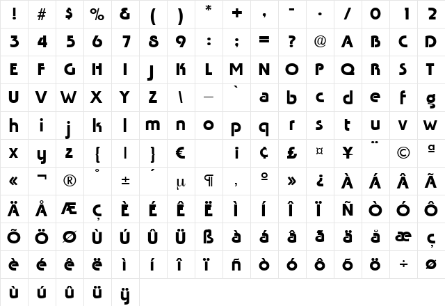 Tabasco Regular  glyph index