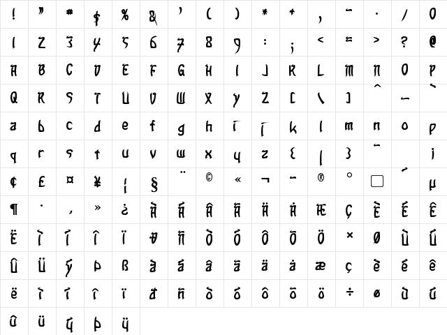 Taibaijan Bold  glyph index