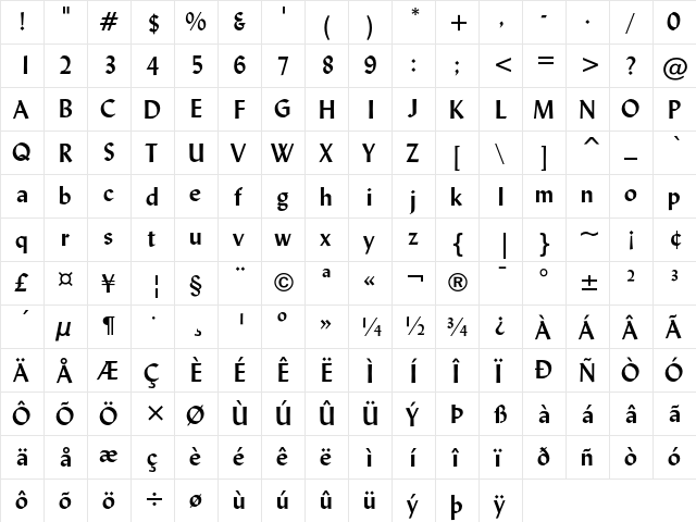 Lydian Bold  glyph index