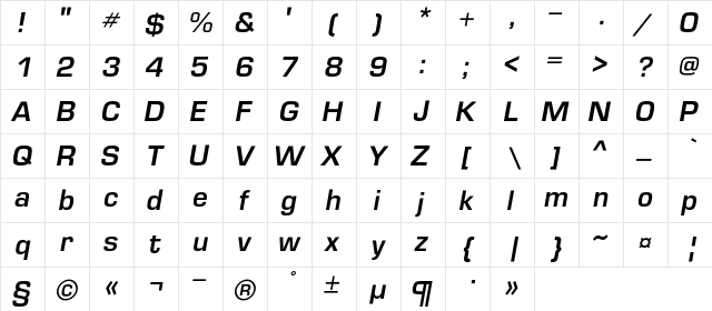 EuropeDemiC Italic  glyph index