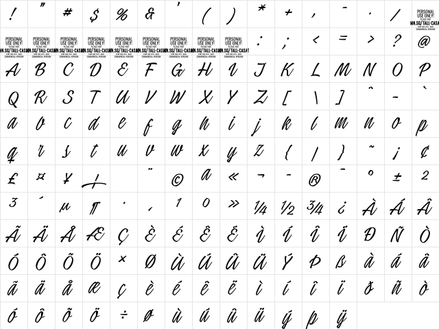 Tall Casat Thin PERSONAL USE Regular  glyph index