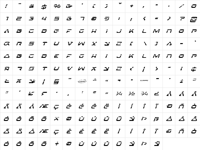 4114 Blaster Laser Italic Italic  glyph index