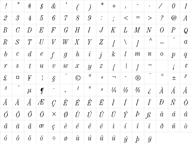 ITC Century Std Light Condensed Italic  glyph index
