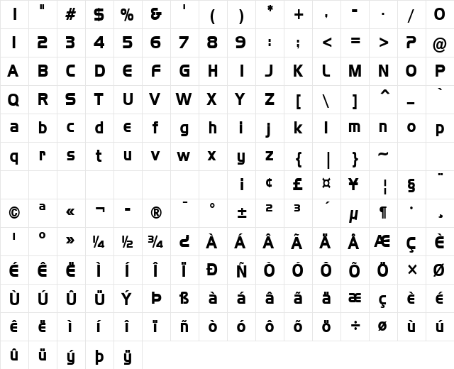 Hanzel-Condensed Bold  glyph index