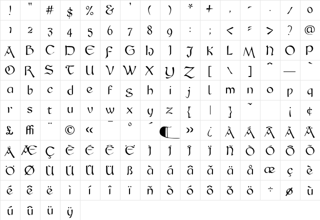 Abelard Regular  glyph index