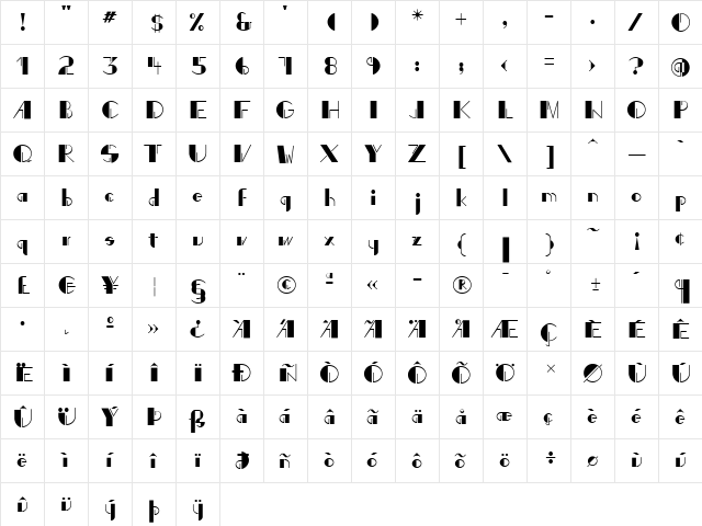 P22ArtDeco Regular  glyph index