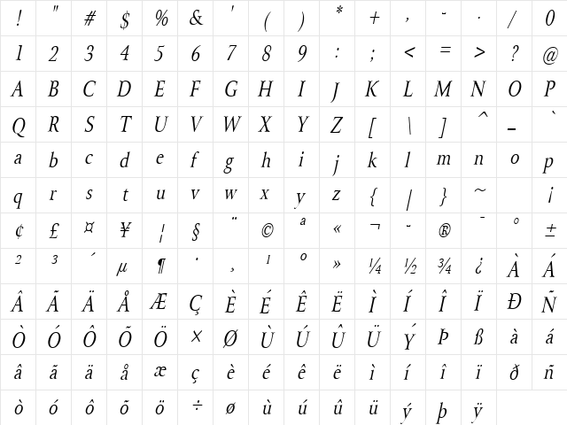 Array Condensed Italic  glyph index