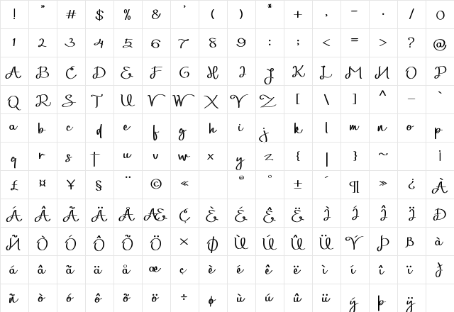 Marshill Regular  glyph index