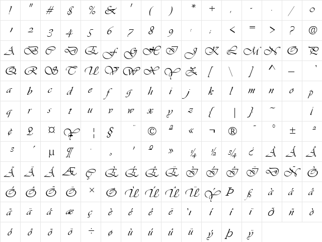 Vivante-DTC ITALIC  glyph index
