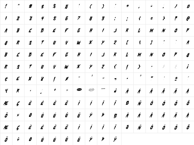 Hot Kiss Condensed Italic Condensed Italic  glyph index