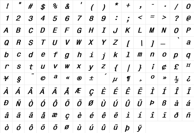 Brunhilde  Italic Bold Regular  glyph index
