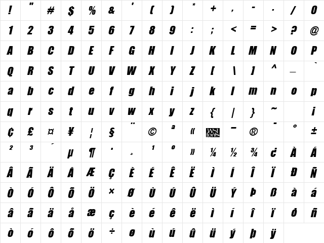 Billboard Italic  glyph index