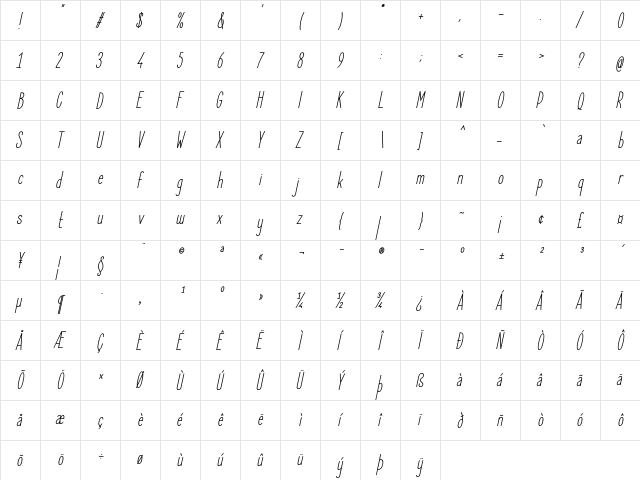 Elegant Sans Italic  glyph index