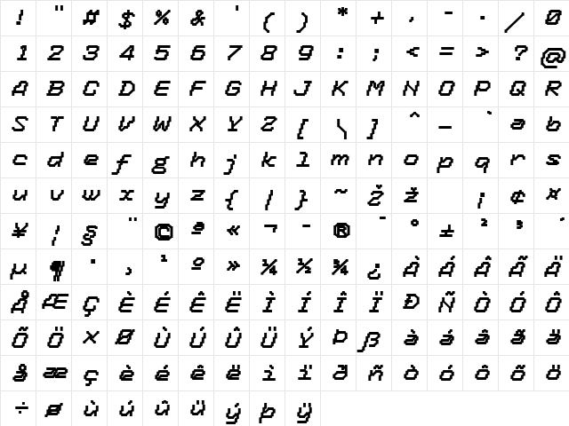 TronicLF-MediumItalic Regular  glyph index