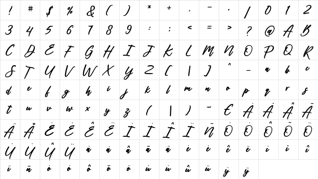 Spanish Dancer Regular  glyph index