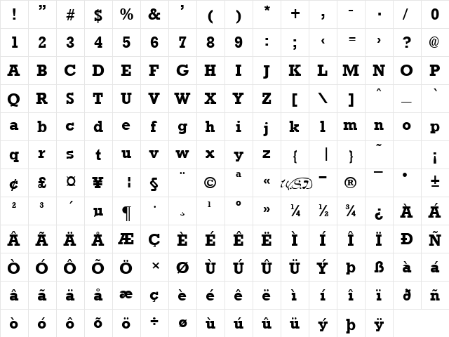 Rockney Bold  glyph index