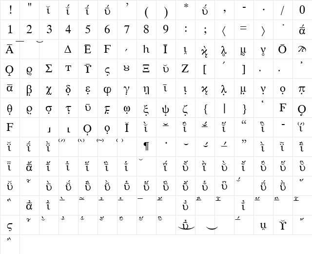HellenicaExtras Regular  glyph index