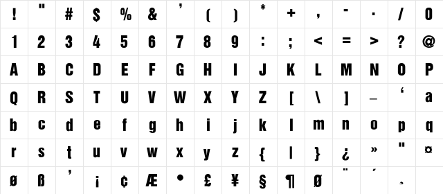 Bern Bold Condensed Bold  glyph index