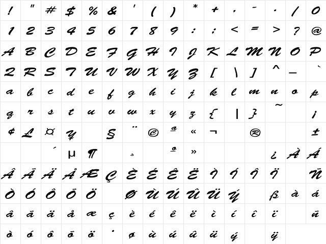Brush-Script Wide Regular  glyph index