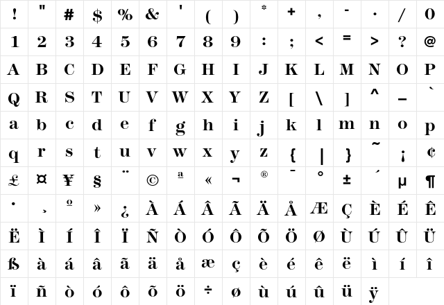 ModernNo216EF Bold  glyph index