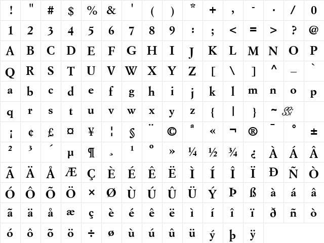 Florentine Garamond SSi Bold  glyph index