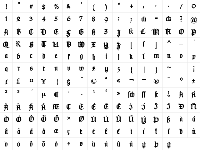 TypographerGotisch Schmuck Bold  glyph index