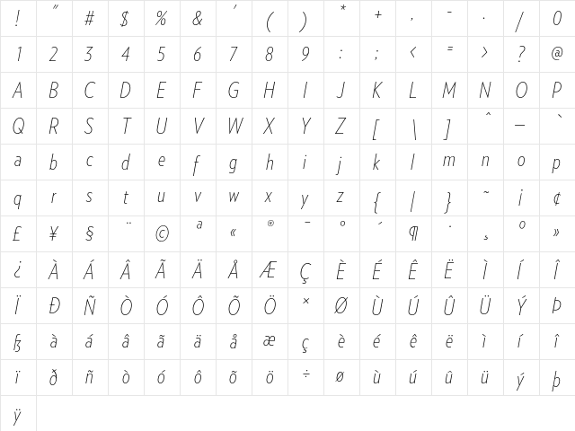 Verlag Condensed Extra Light Italic  glyph index