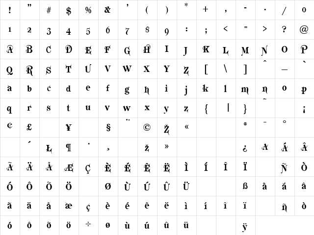 Katherine Bold  glyph index