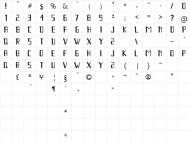 Lucinta Luna Regular  glyph index