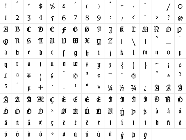 Gotisch Weiss UNZ1A Regular  glyph index