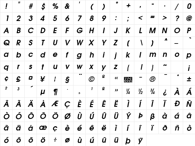 Avian BoldItalic  glyph index