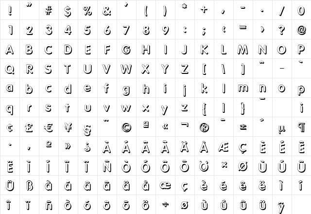 VolkswagenShadow Bold  glyph index