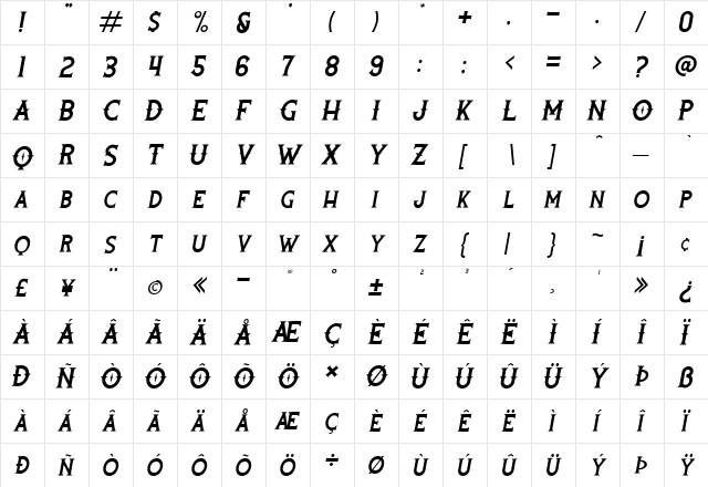 Rooters Italic  glyph index