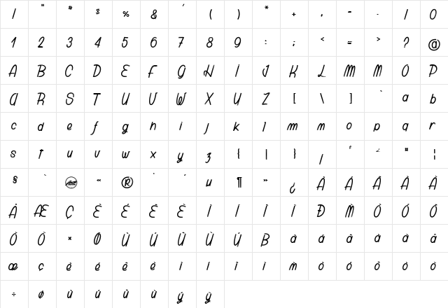 Polibrush Regular  glyph index