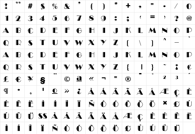 AnnaBeckerEngraved Regular  glyph index