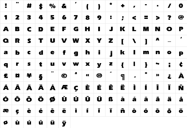 Freeda ExHeavy Regular  glyph index