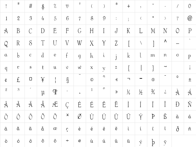 Fanciful-Condensed Normal  glyph index