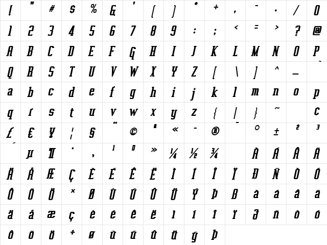 Vahika Bold Italic  glyph index