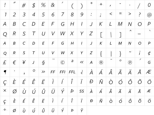Freight Sans Book Italic SC  glyph index