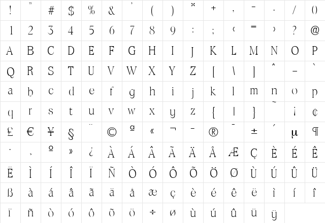 RalphBecker-ExtraLight Regular  glyph index