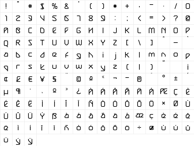 Exhaust Regular  glyph index